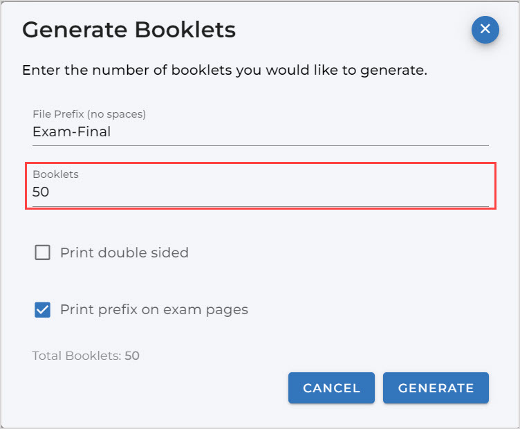 In the Generate Booklets dialog menu, Booklets is highlighted and the number 50 is filled in for the textbox.